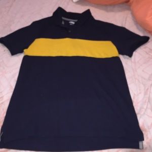 Navy blue and yellow stripe. Collard shirt
